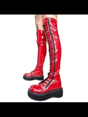 Demonia Red Patent Over-the-Knee Platform Lace-Up Boots